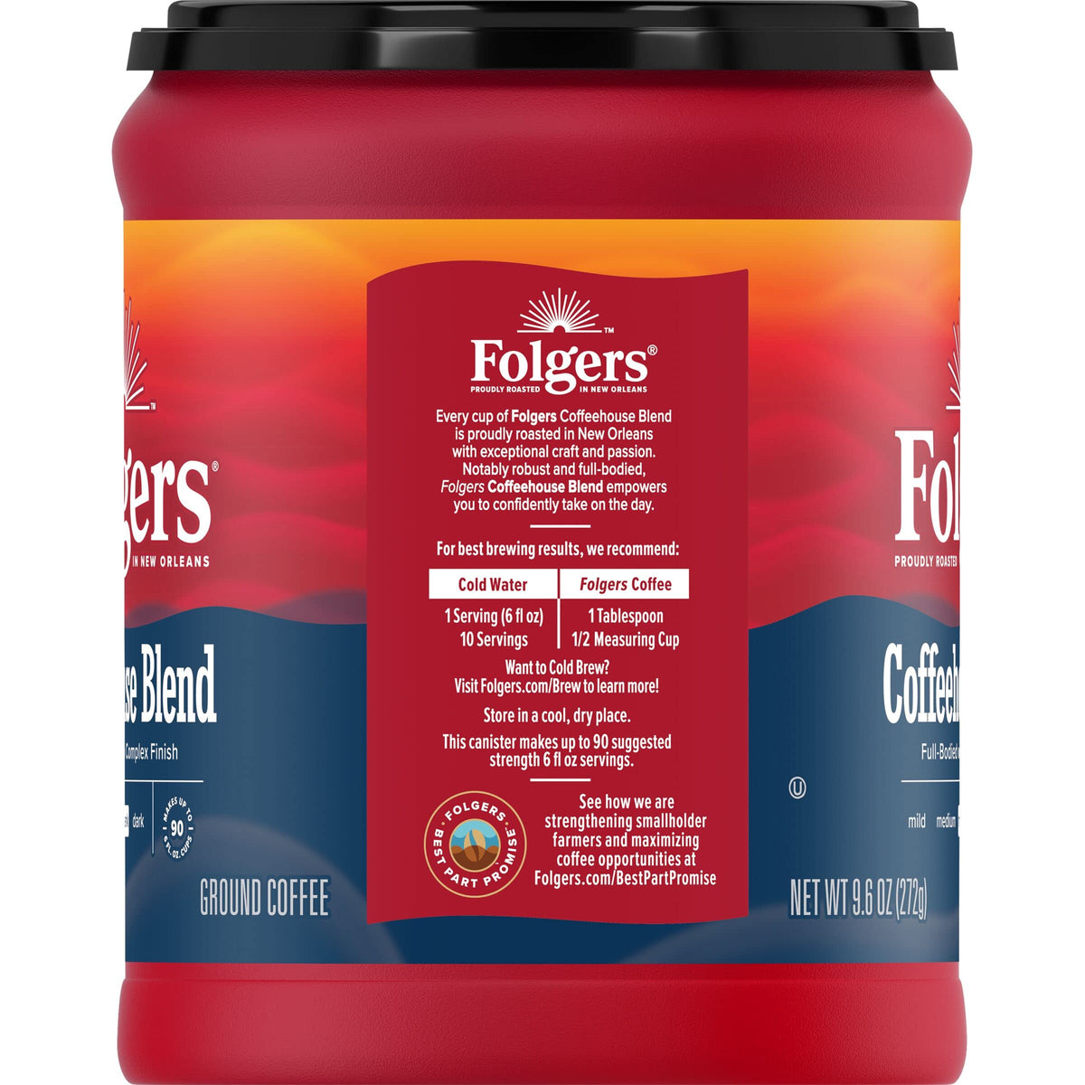 Folgers Coffeehouse Blend packaging on shelf signals a versatile ground coffee option.