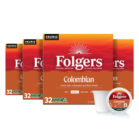 Folgers Colombian Coffee K-Cup boxes on a kitchen counter for quick, flavorful mornings.