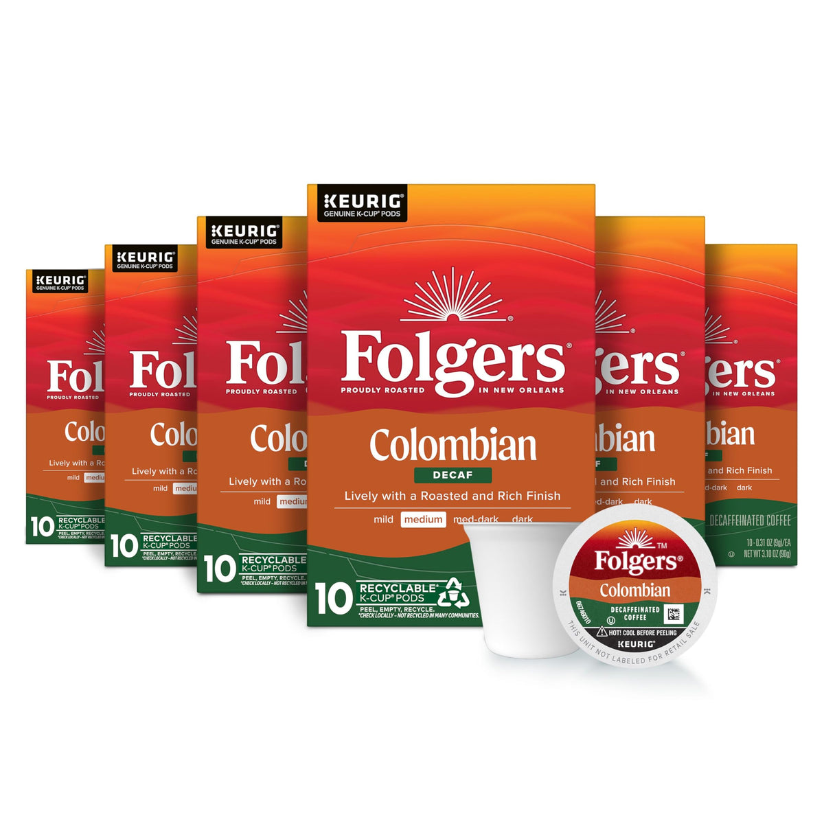 Folgers Colombian Decaf K-Cup pods box front for quick mornings.