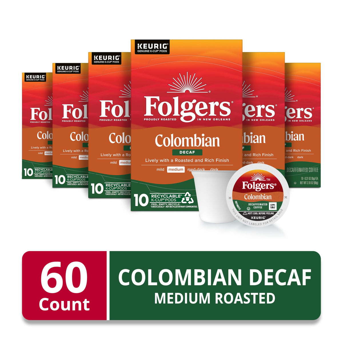 Folgers Colombian Decaf K-Cup pods brew on demand for a smooth cup.