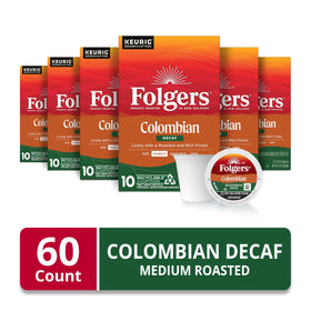 Folgers Colombian Decaf K-Cup pods brew on demand for a smooth cup.