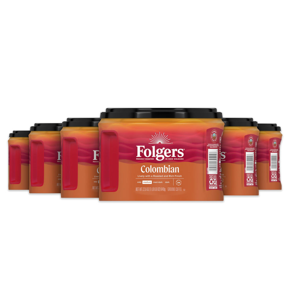 Folgers Colombian Ground Coffee six canisters for dependable daily brews.