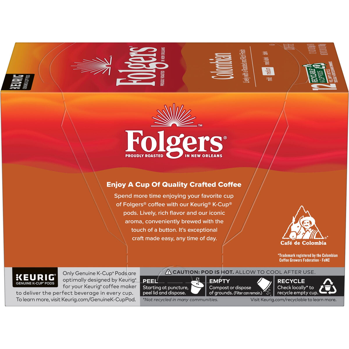 Folgers Colombian Medium Roast K-Cup pods arranged on a tidy kitchen shelf.