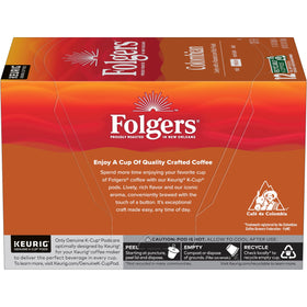 Folgers Colombian Medium Roast K-Cup pods arranged on a tidy kitchen shelf.