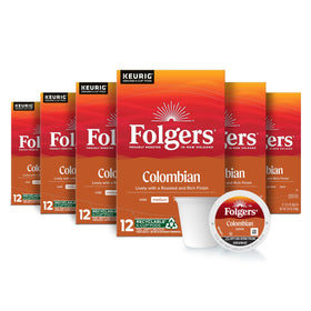 Folgers Colombian Medium Roast K-Cup pods in a box, ready for quick mornings.
