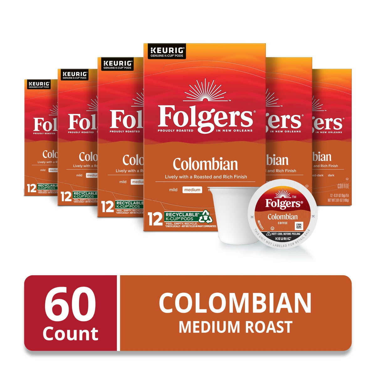 Folgers Colombian Medium Roast K-Cup pods aligned for easy grab-and-go coffee.