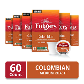 Folgers Colombian Medium Roast K-Cup pods aligned for easy grab-and-go coffee.