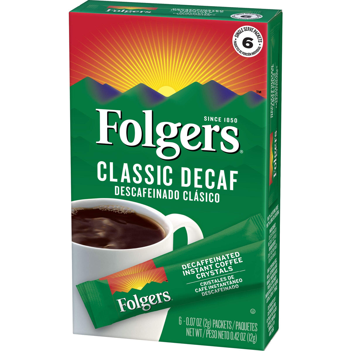 Folgers Decaf Coffee Crystals dissolving in hot water for smooth, cup-ready flavor.
