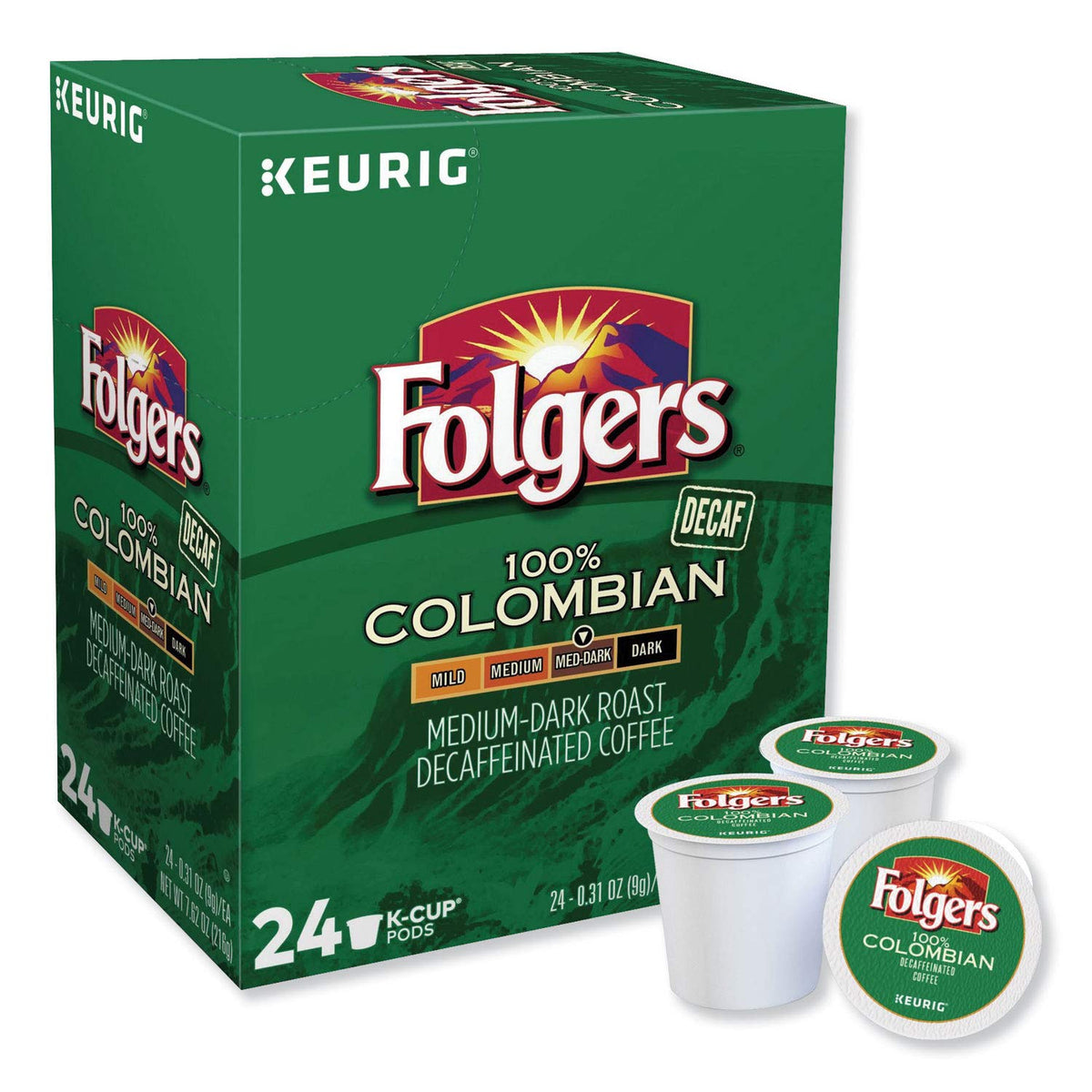 Folgers Decaf K-Cups, medium-dark roast, ideal for quick Keurig mornings.