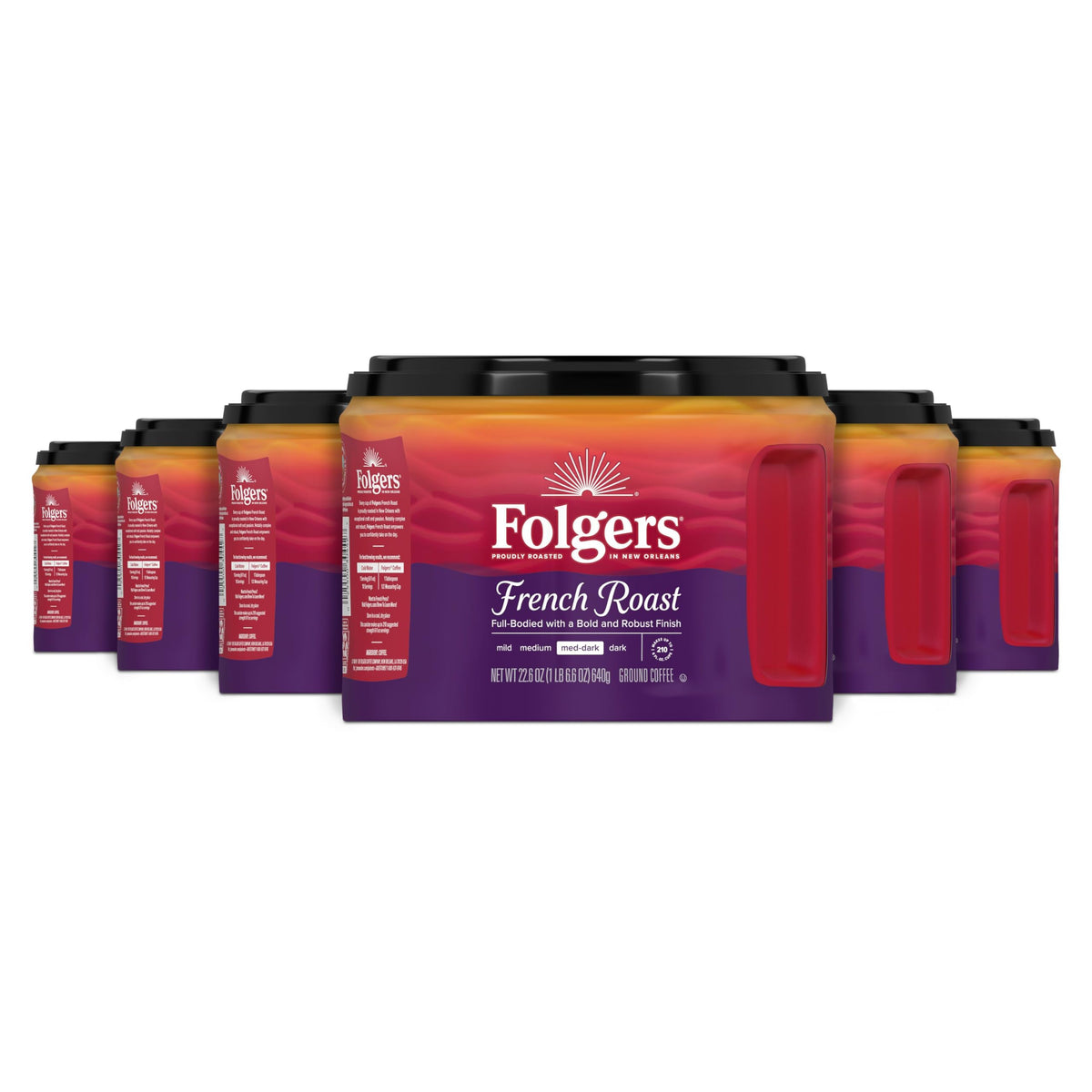 Folgers French Roast ground coffee pack shows bold medium-dark roast.