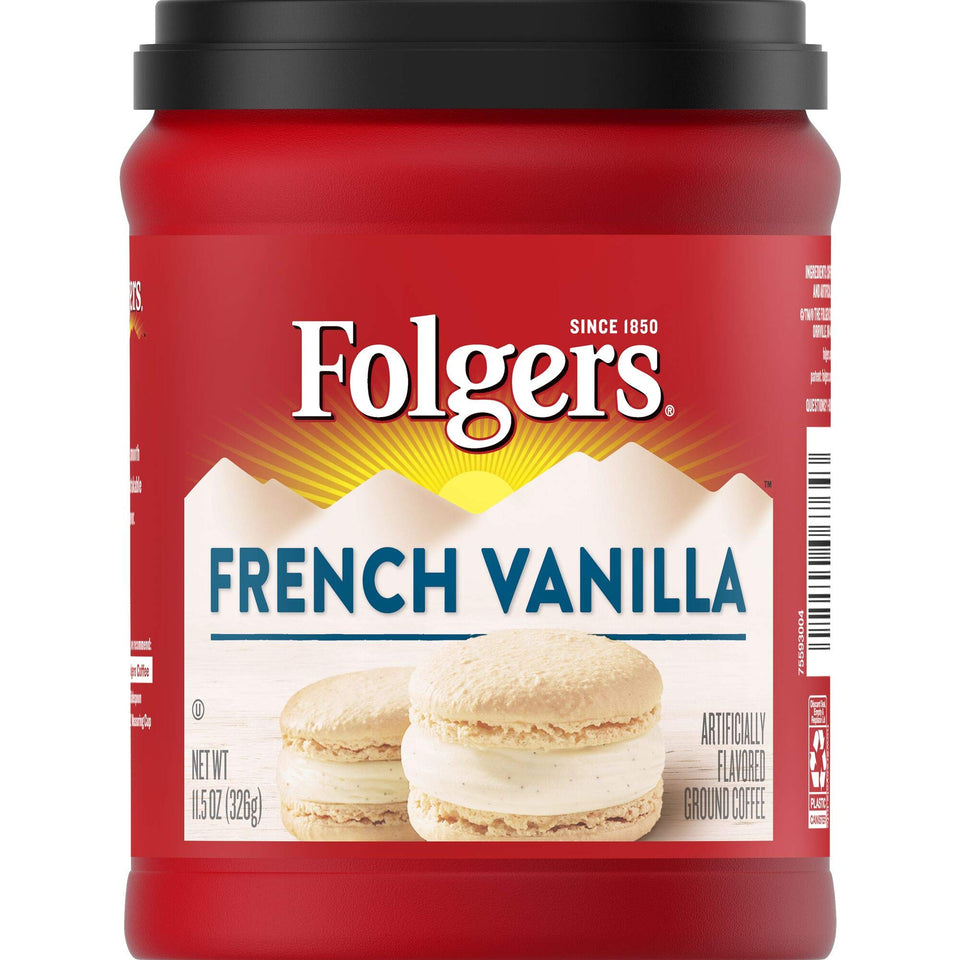 Folgers French Vanilla ground coffee canister ready for fresh mornings