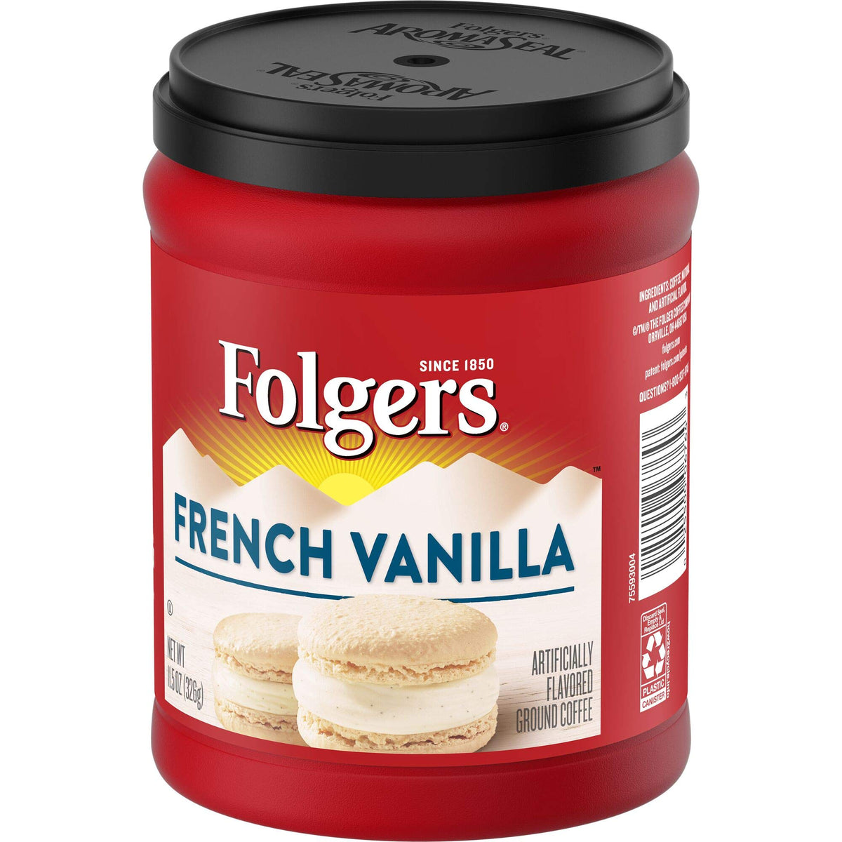 Folgers French Vanilla ground coffee label highlighting flavor profile