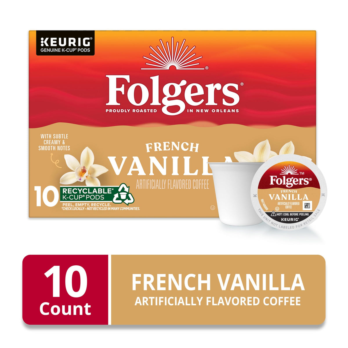Folgers French Vanilla K-Cup box 10-count ready for easy pantry storage.