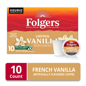 Folgers French Vanilla K-Cup box 10-count ready for easy pantry storage.