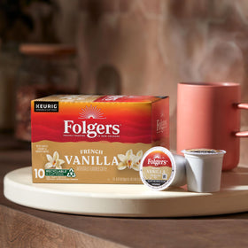 Folgers French Vanilla K-Cup pods brewing to fill your kitchen with aroma.