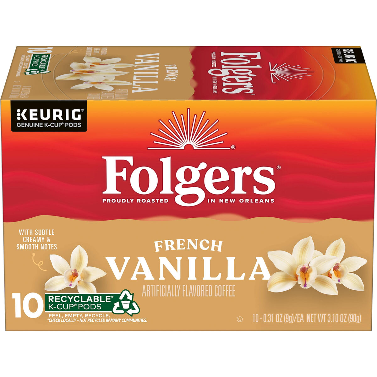 Folgers French Vanilla K-Cup pod front view for quick morning brew.