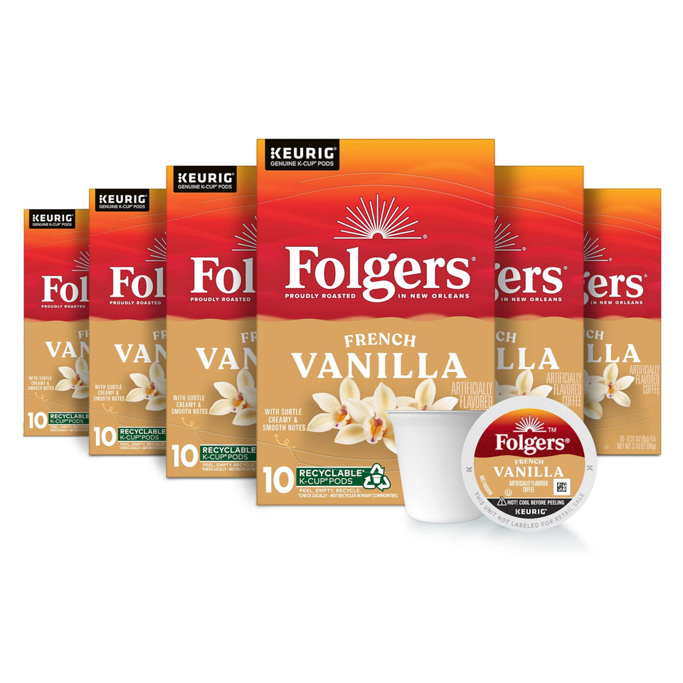 Folgers French Vanilla K-Cup pods box front for quick, flavorful mornings.