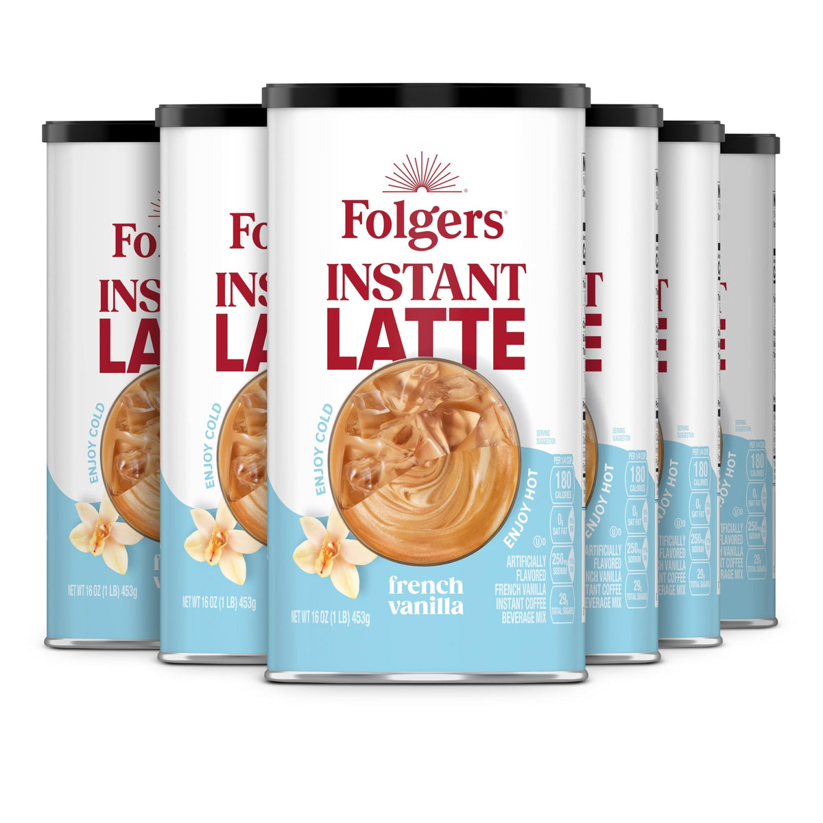 Folgers French Vanilla latte mix canister for quick, creamy home lattes.