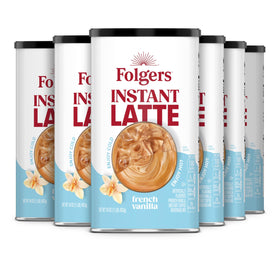 Folgers French Vanilla latte mix canister for quick, creamy home lattes.