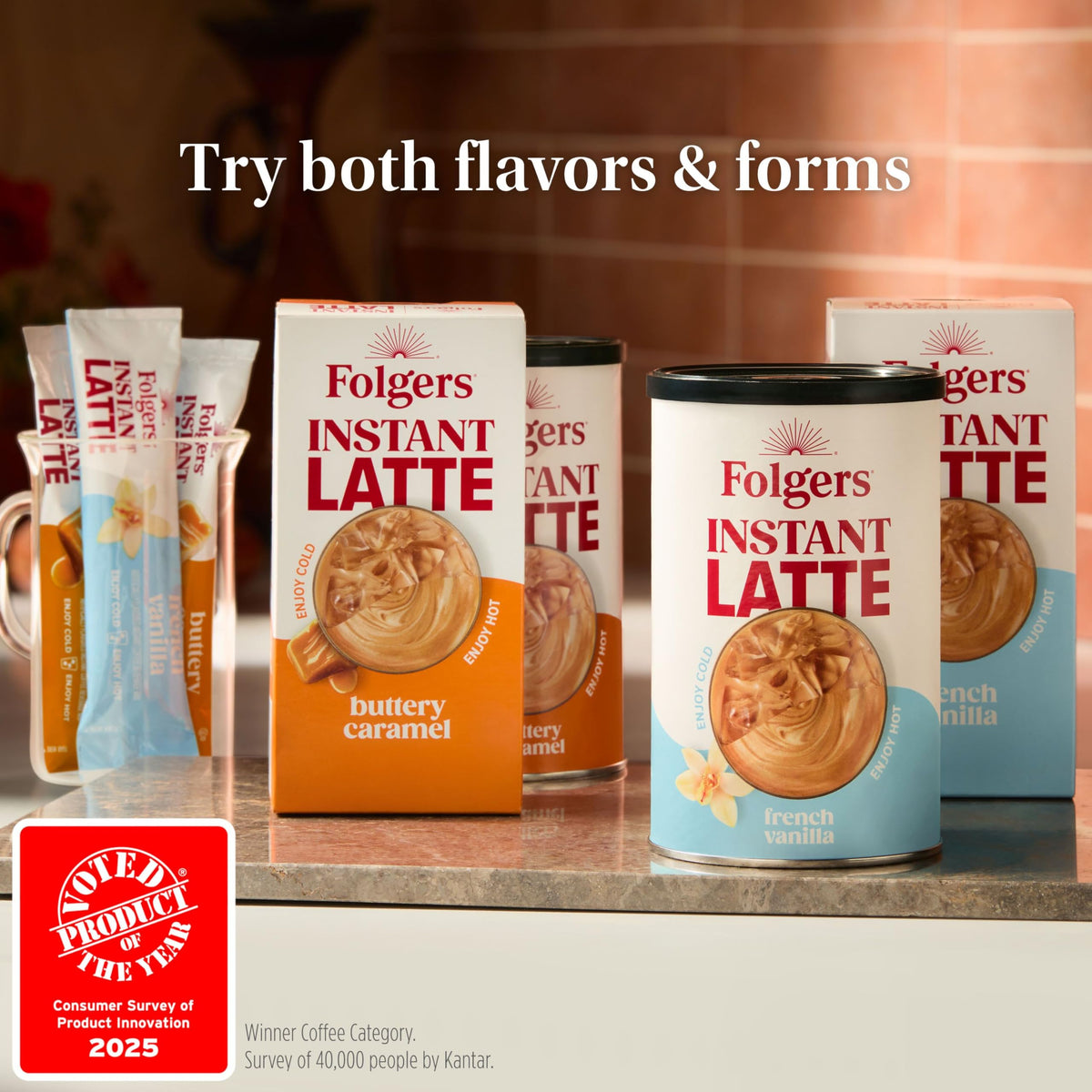Folgers French Vanilla 16 oz canisters lined up in a pantry.