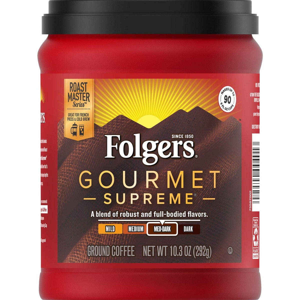 Folgers Gourmet Supreme Aroma-Seal canister on the kitchen counter, ready for daily use.