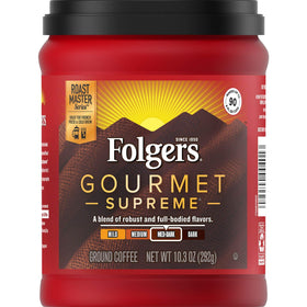 Folgers Gourmet Supreme Aroma-Seal canister on the kitchen counter, ready for daily use.