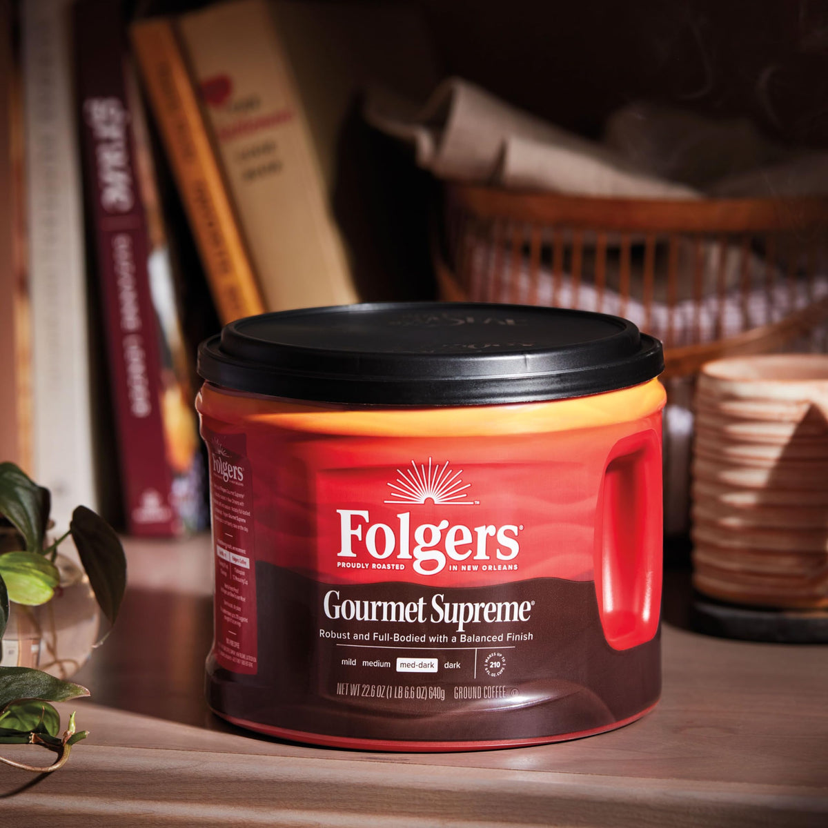 Folgers Gourmet Supreme brewed cup steaming, quick start to your day