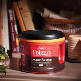 Folgers Gourmet Supreme brewed cup steaming, quick start to your day