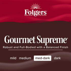 Folgers Gourmet Supreme coffee beans closeup emphasizes quality and consistency