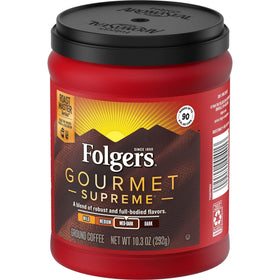 French press brew featuring Folgers Gourmet Supreme for a robust cup.