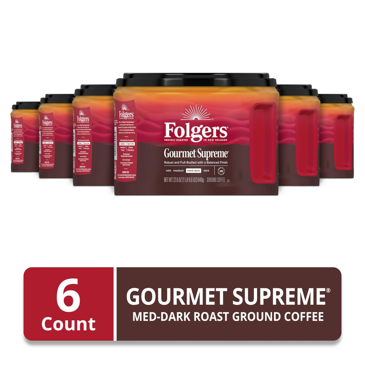 Folgers Gourmet Supreme ground coffee bag reveals medium-dark roast aroma for mornings