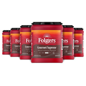 Folgers Gourmet Supreme ground coffee canisters pack for daily brewing with six canisters.
