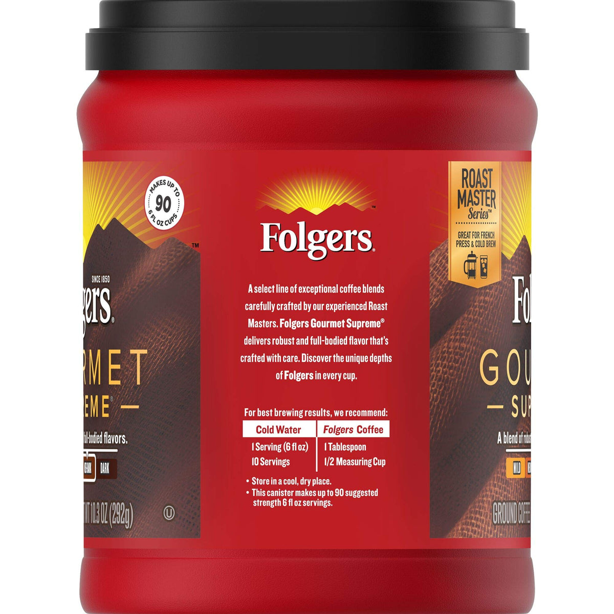 Close-up of Folgers Gourmet Supreme ground coffee with rich aroma and depth.