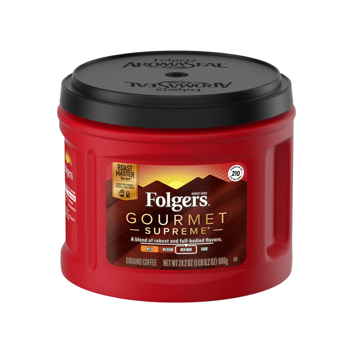 Folgers Gourmet Supreme canister with medium-dark roast for rich flavor and everyday brewing.