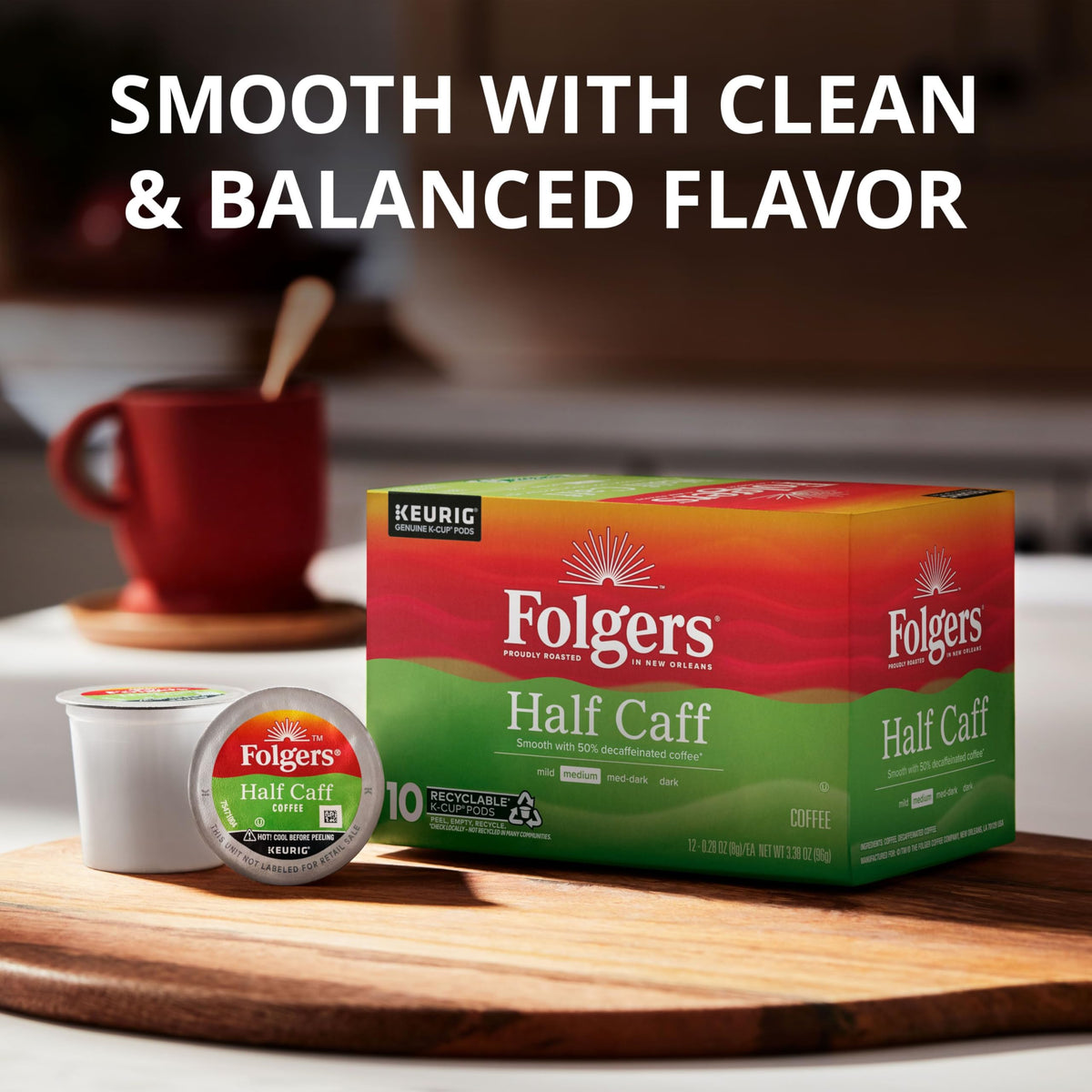 Folgers Half Caff aroma fills the kitchen as you brew