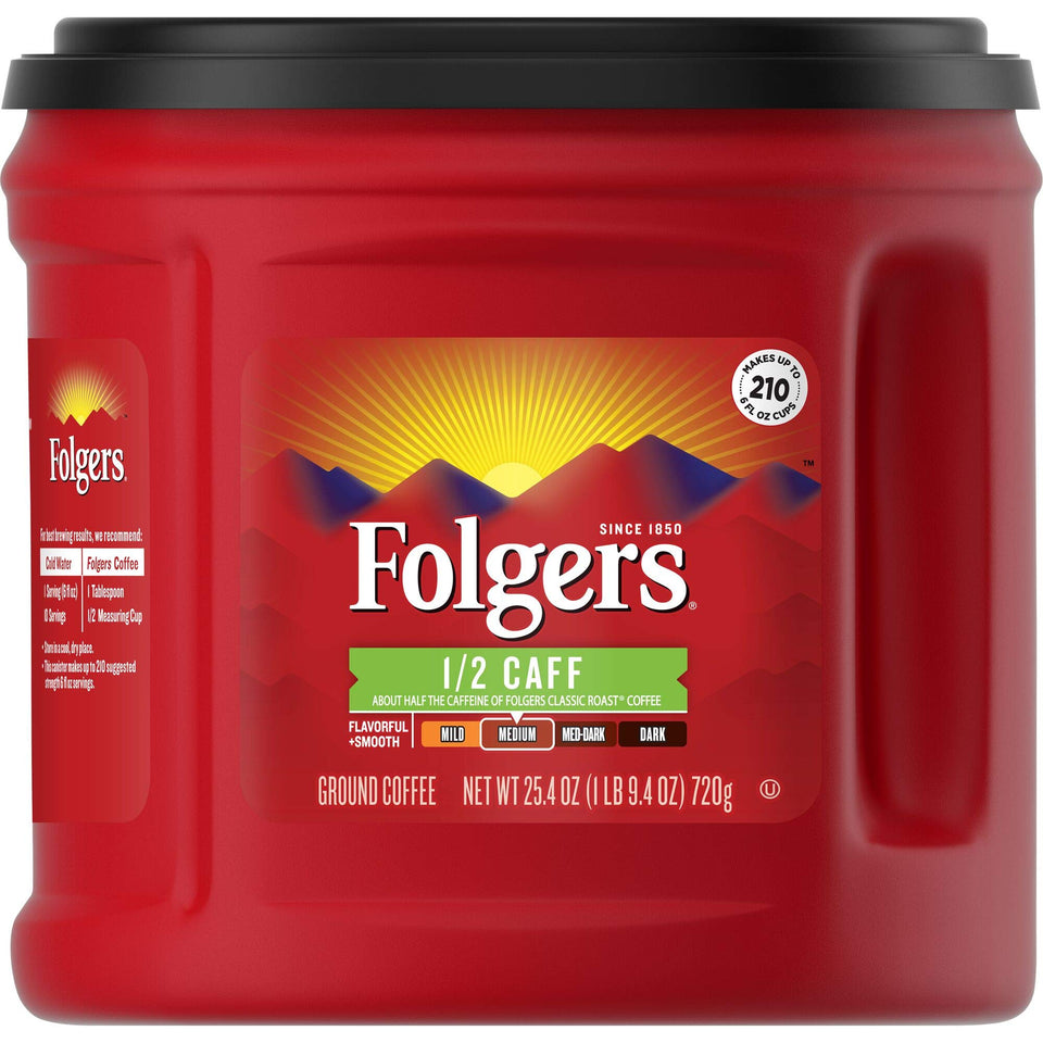 Folgers Half Caff coffee canister on kitchen shelf, ready for smooth mornings.