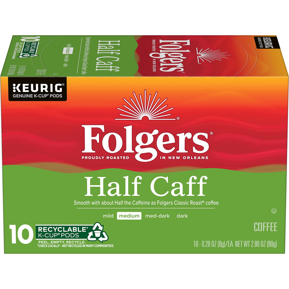 Folgers Half Caff coffee pods box ready for quick morning brews