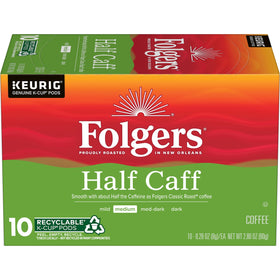 Folgers Half Caff coffee pods box ready for quick morning brews