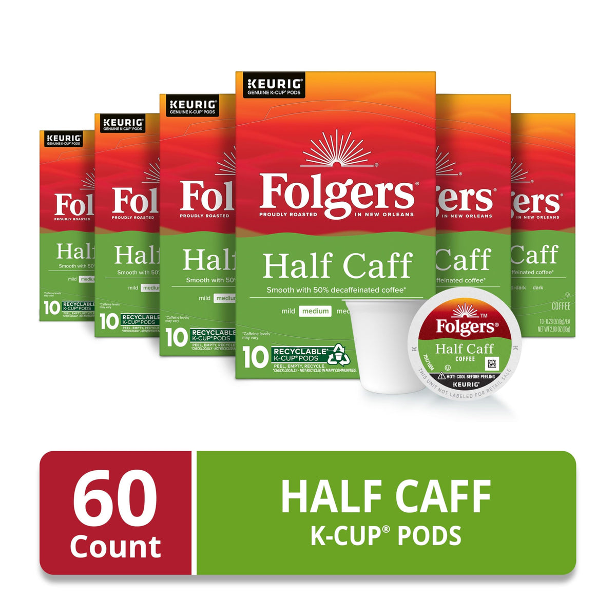 Folgers Half Caff Keurig K-Cup pods for fast, balanced coffee at home.
