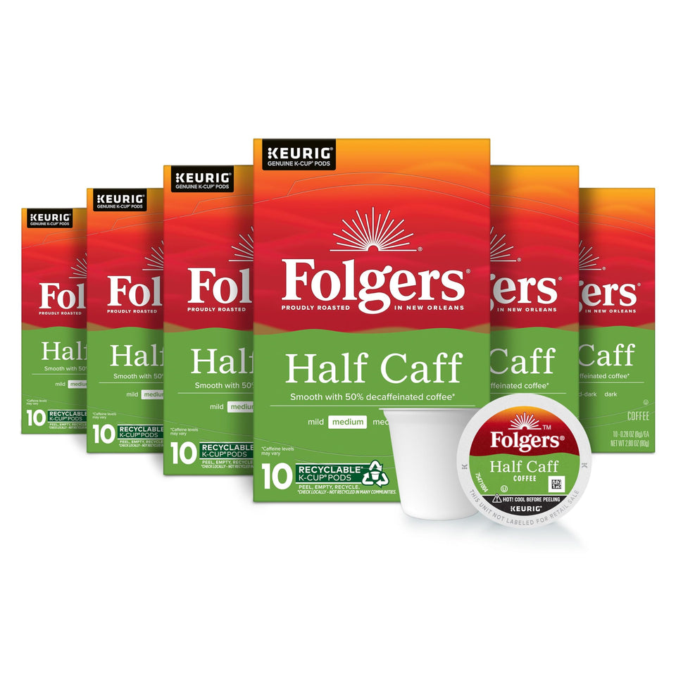 Folgers Half Caff medium roast pods in a six-box pack for quick, flavorful Keurig brews.