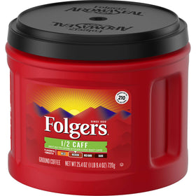 Close-up of Folgers Half Caff cup showing rich flavor and aroma.