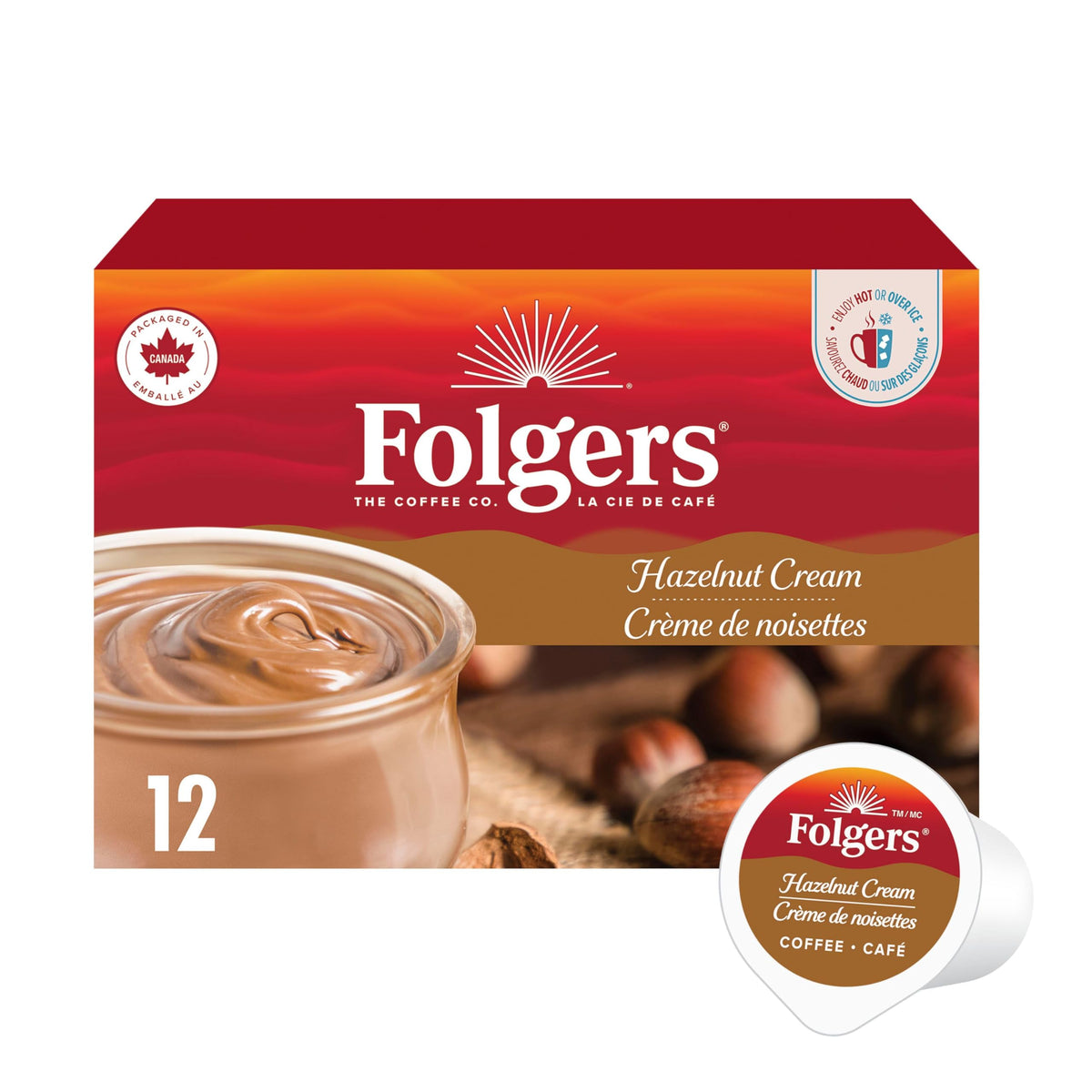 Folgers Hazelnut Cream K-Cup pods packaging emphasizes Keurig compatibility.