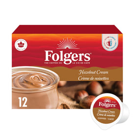 Folgers Hazelnut Cream K-Cup pods packaging emphasizes Keurig compatibility.