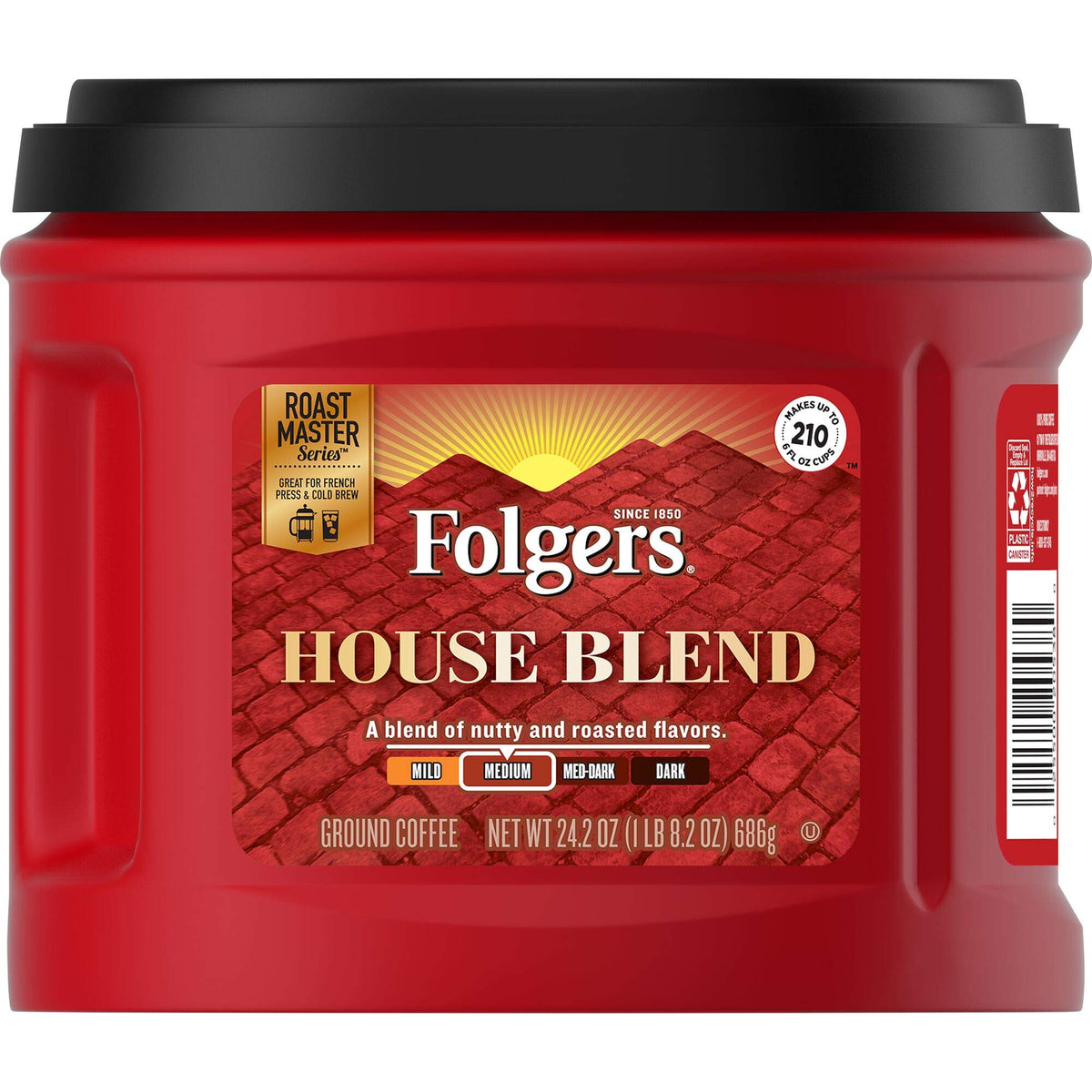 Folgers House Blend canister with AromaSeal preserves freshness on the counter.