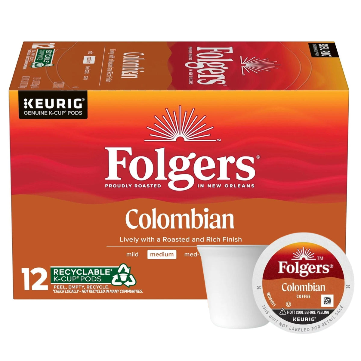 Folgers K-Cups 100% Colombian coffee box on shelf for easy mornings