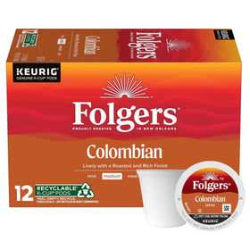 Folgers K-Cups 100% Colombian coffee box on shelf for easy mornings