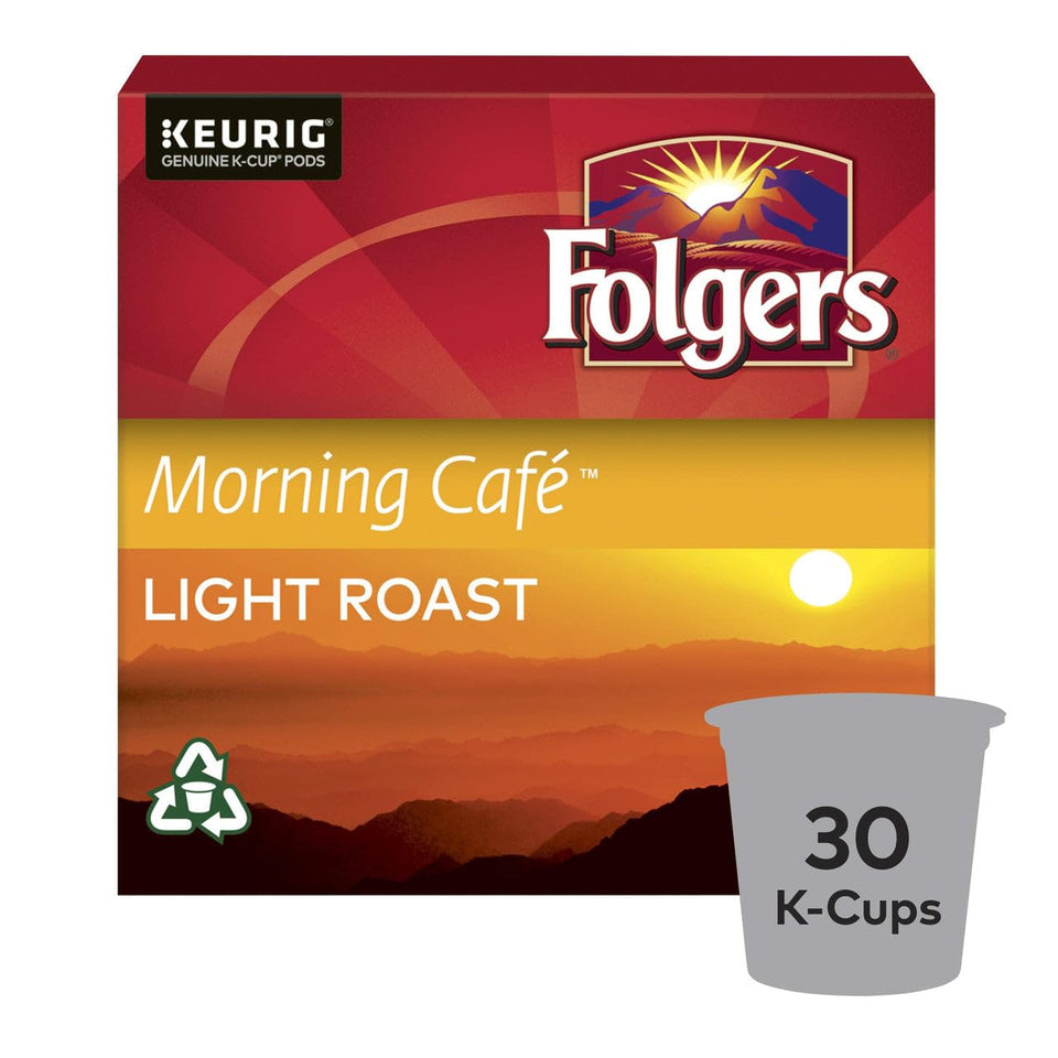 Folgers Morning Café K-Cup Pods front view on shelf, convenient start to your day.