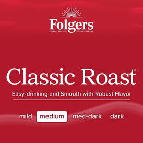 Folgers New Orleans roasted coffee ready for drip or French press.