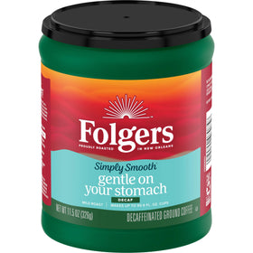 Folgers Simply Smooth Decaf aroma-seal canister preserves freshness for smooth coffee.