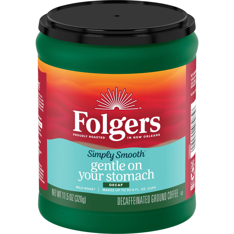 Folgers Simply Smooth Decaf aroma-seal canister preserves freshness for smooth coffee.